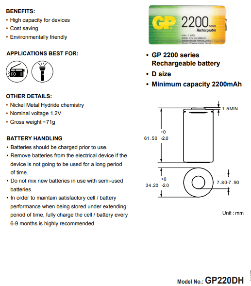 Batería Recargable 1.2VDC 2200mA GP220DH TIPOD
